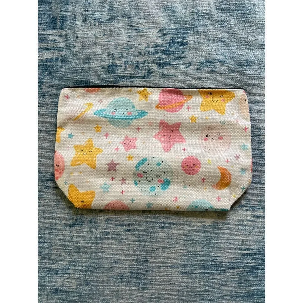 Blue Pink Star Moon Planet Cotton Canvas Small Makeup Bag Travel Toiletry Pouch